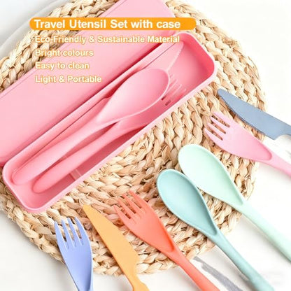 Travel Utensils with Case, Camping Utensil Sets, Wheat Straw Portable Knife Fork Spoons Tableware, Reusable Utensils for Lunch Box (Pink) - color: Pink