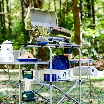 Camco Olympian Deluxe Portable Grill Table - Provides Plenty of Room for Grilling Gear While Camping - Folding Grilling Table Collapses for Compact Storage - Supports Up to 100lb (57293)