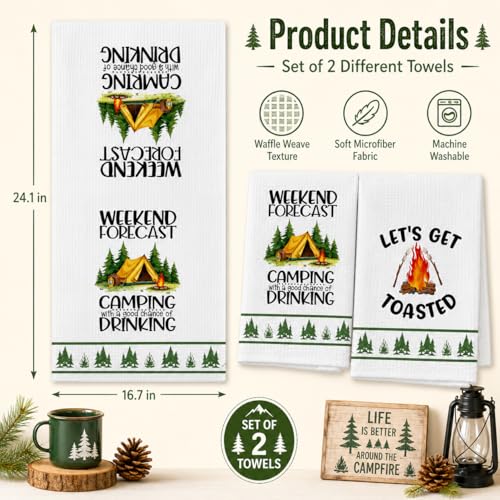 DETIHO 2 Pieces Camping Kitchen Towels, Happy Camper Dish Kitchen Towel - color: Multicolor