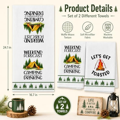 DETIHO 2 Pieces Camping Kitchen Towels, Happy Camper Dish Kitchen Towel - color: Multicolor