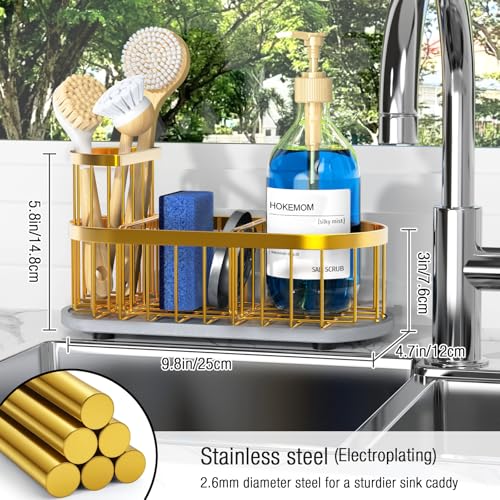 Sponge Holder for Kitchen Sink with High Brush Holder, [Stay-Dry Anywhere & No Drainage Needed] Rustproof Stainless Steel Kitchen Sink Caddy Organizer with Water Absorbing Stone Tray, Gold - color: Gold