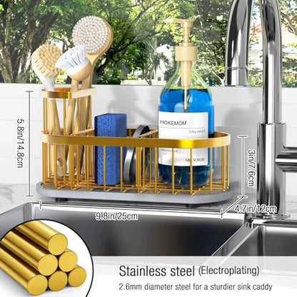 Sponge Holder for Kitchen Sink with High Brush Holder, [Stay-Dry Anywhere & No Drainage Needed] Rustproof Stainless Steel Kitchen Sink Caddy Organizer with Water Absorbing Stone Tray, Gold - color: Gold