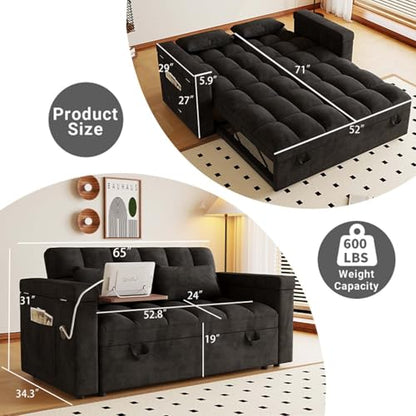 65" Foldable RV Love Seat Sofa, Modern Velvet Pull Out Couch with Table Board and UAB, Convertible Love Seat Sofa Bed with Adjustable Back and Pillow for Living Room, Small Spaces(Black, 2 Seat) - color: Black, size: 2 Seat