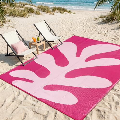 Lahome Plastic Hot Pink Outdoor Rug, Reversible Coral Sea Funky Outdoor Camping Rug, Portable Rv Rugs for Outside Beach Pool Camper Picnic Paio, Pink 8'x10' - color: Hot Pink, size: 8' x 10' (Rectangular)