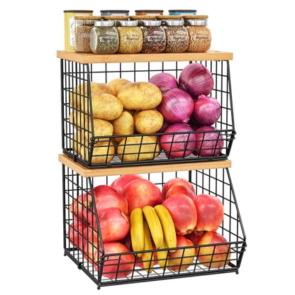 2 Set Stackable Wire Basket with Wooden Tops & Pad for kitchen organizers and storage, XXL Kitchen Counter Organizer for Fruit, Vegetable, Bread, Potato and Onion Storage Bin - size: 2pcs*11.8"*11.8"*18.9"