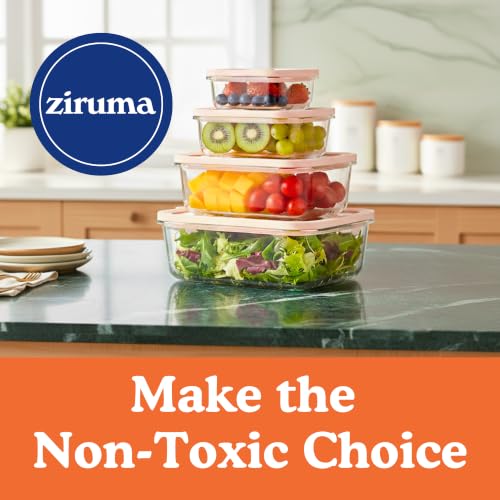 Ziruma Non-Toxic Glass Food Containers with Lids, 4-Pack, Multi-Size, Beige | Plastic & BPA free. Glass body, glass lid & platinum silicone seal. Airtight & leakproof. Freezer & microwave safe. - size: Multi-Size