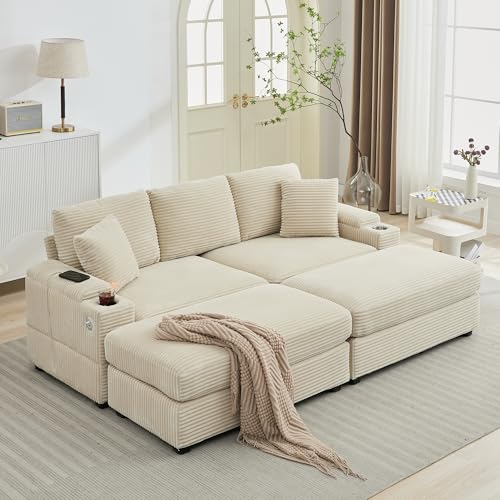 86.6" Sectional Sofa Couch with 2 Ottomans, Comfy Corduroy Upholstered Cloud Modular Convertible Couch with Cup Holders and USB, Armrest Storage, Deep Seat Oversized Loveseat for Living Room, Beige - color: Beige