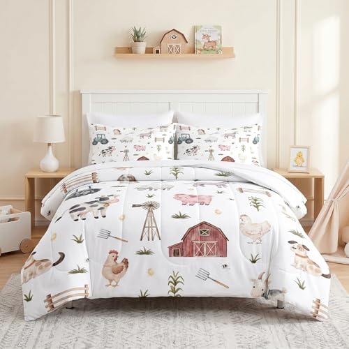 Pamnest Comforter Set Twin Size, Farm Animal Cow 5 Pcs Bedding for Kids and Adults, Autumn Cute Tractor Bed Sheet Sets with Fitted Sheet Pillowcase & Sham for Bedroom Bed Decor - color: Happy Farm, size: Twin