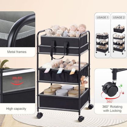 Honeydak 2in1 Baby Diaper Caddy Organizer Cart 3 Tier Large Capacity Metal Utility Bedside Rolling Cart with Divider Newborn Registry Nursery Essential Must Have Crib Bedroom Baby Shower(Black) - color: Black