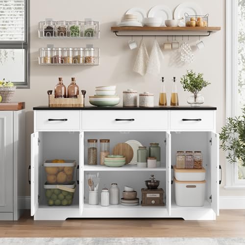 HOSTACK Buffet Sideboard Cabinet with Drawers, 55" Large Buffet Storage Cabinet with Shelves and Doors, Modern Farmhouse Coffee Bar Station Wood Kitchen Table for Kitchen, Dining Room, White/Black - color: White/Black