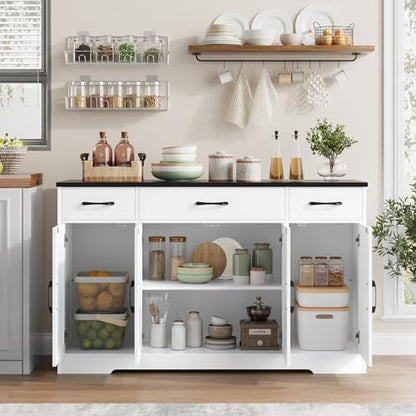 HOSTACK Buffet Sideboard Cabinet with Drawers, 55" Large Buffet Storage Cabinet with Shelves and Doors, Modern Farmhouse Coffee Bar Station Wood Kitchen Table for Kitchen, Dining Room, White/Black - color: White/Black