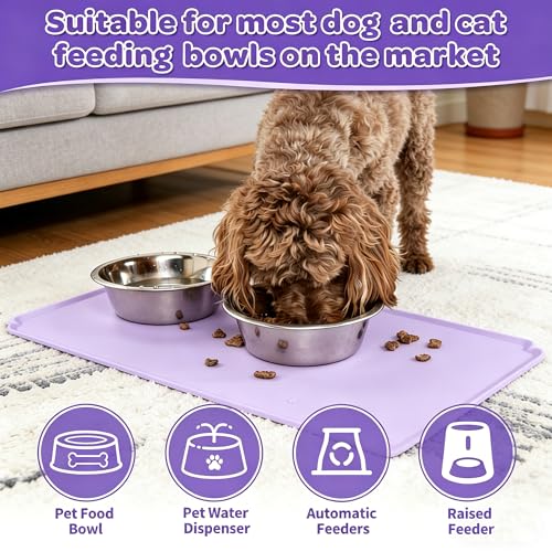 Pet Feeding Mat 12"x19" Silicone Dog Feeding Mat Pet Place Mat Waterproof Silicone Contain Spills Protects Floors Placemats for Cats and Dogs Lavender - color: Purple