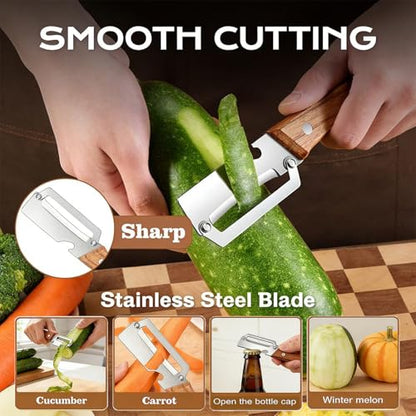 NEW Premium Vegetable Peeler with Wooden Handle and Bottle Opener: 2-in-1 Stainless Steel Kitchen Tool for Fruit Apple Potato Pumpkin Papaya (2Pcs) - color: 2Pcs