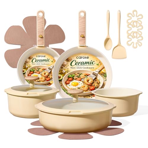 CAROTE 18 Pcs Ceramic Cookware Set Detachable Handle, Non Toxic Pots and Pans Set Non Stick, Induction Kitchen Cookware Removable Handles, Oven Safe, Stackable RV/Camping Cooking Set, Yellow - color: Yellow
