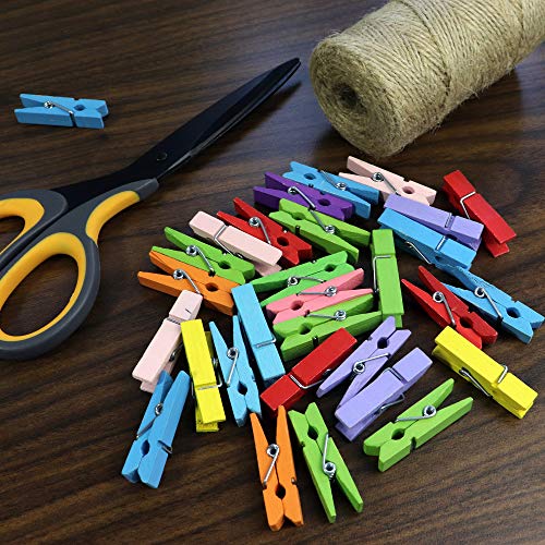 Mini Wooden Clothespins With Jute Twine, 100pcs, 1.4 Inch Photo Paper Peg Pin Craft Clips With 320ft Twine for Scrapbooking, Arts & Crafts, Hanging Photos (Natural Color) - color: Natural