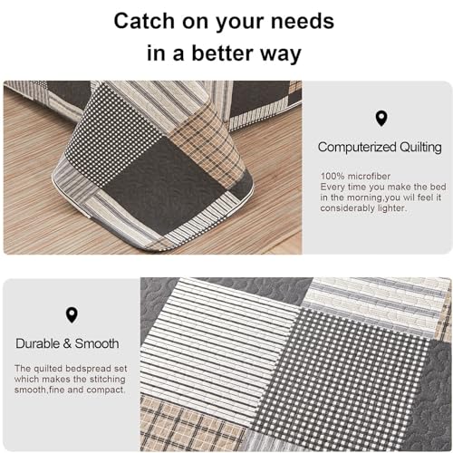 Plaid Quilt Set - Queen Size Bedspread & Coverlet - Brown White Plaid - Lightweight & Reversible - Soft Microfibers - All Season - color: Brown Plaid Patchwork, size: Full/Queen