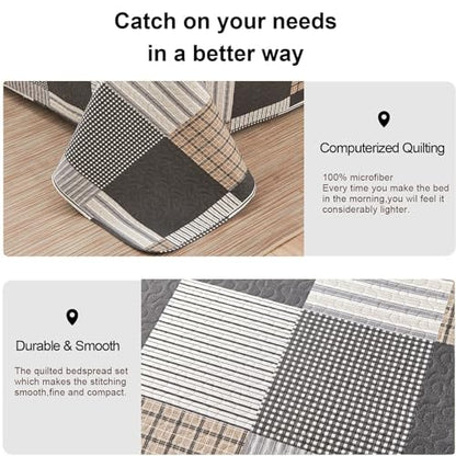 Plaid Quilt Set - Queen Size Bedspread & Coverlet - Brown White Plaid - Lightweight & Reversible - Soft Microfibers - All Season - color: Brown Plaid Patchwork, size: Full/Queen