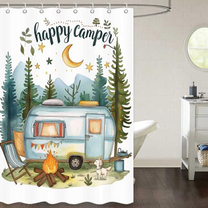 Happy Camper Small Stall RV Shower Curtain Rustic Tree Mountain Adventure Tent Camping Bathroom Curtains Travel Trailer Bathroom Accessories Set with Hooks 48 x 72 Inches - color: Blue, size: 48"W x 72"L (Pack of 1)