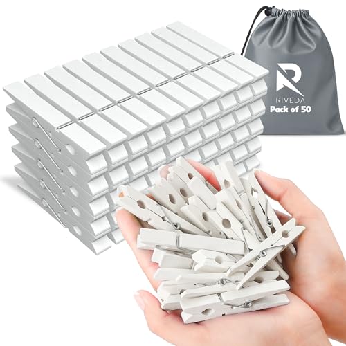 RIVEDA 50pcs Colored Wooden Clothes Pins, 2.9inch, Clothespins for Classroom, Clip Hanging Photos, DIY Clips for Crafts, Decorations (White) - color: White