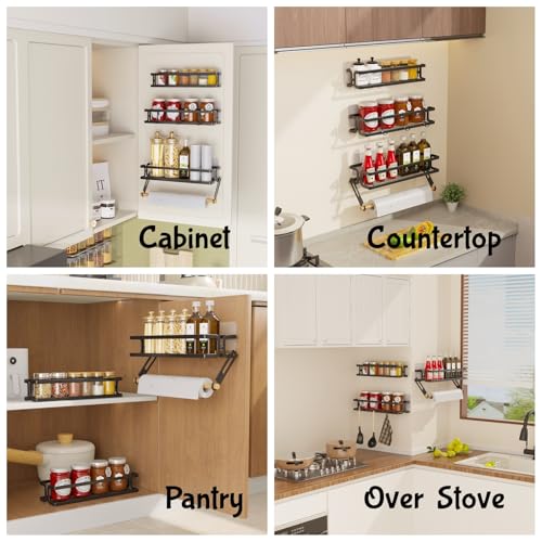 Spice Rack Wall Mount, Black, 3 Pack | Paper Towel Holder and Hooks, Screw or Adhesive Hanging, Space Saving, For Seasonings, Stove, RV, Cabinet - color: Black