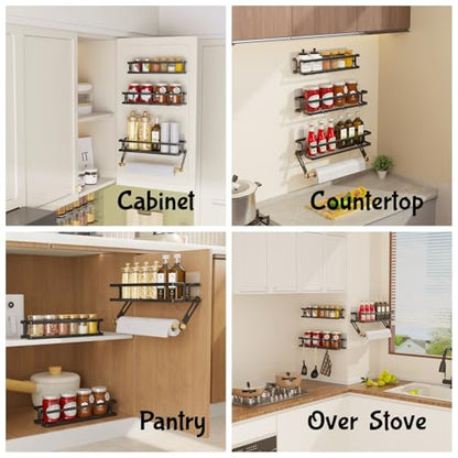 Spice Rack Wall Mount, Black, 3 Pack | Paper Towel Holder and Hooks, Screw or Adhesive Hanging, Space Saving, For Seasonings, Stove, RV, Cabinet - color: Black
