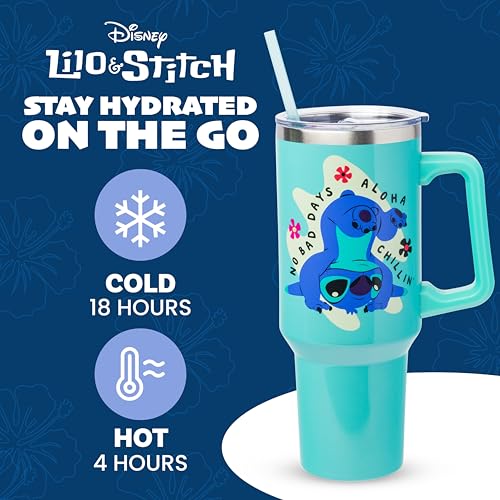 Silver Buffalo Disney Lilo and Stitch Aloha No Bad Days Chillin’ Double Walled Stainless Steel Tumbler with Handle and Straw, Fits in Standard Cup Holder, 40 Ounces - color: Disney Lilo and Stitch Chillin