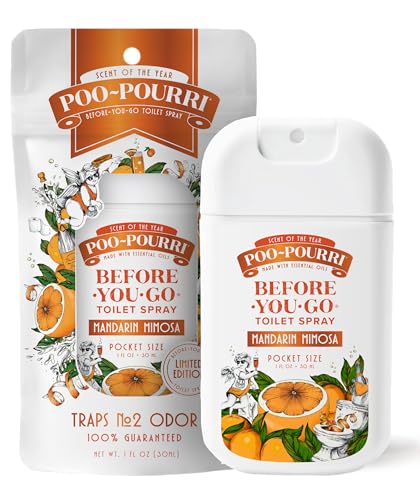 Poo-Pourri Before-You-Go Pocket Toilet Spray, Travel Essentials, Mandarin Mimosa, 1 Fl Oz, Up to 50 Uses, On-The-Go Bathroom Odor Deodorizer with Essential Oils, TSA Approved Size - size: 1 Ounce (Pack of 1), style: Mandarin Mimosa