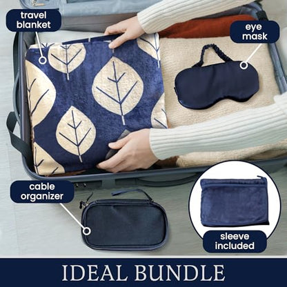 3 Piece Travel Blanket Set with Eye Mask & Cable Organizer , Ultra Soft Flannel Airplane Blanket with Carry Bag , Lightweight, Warm & Compact for Travel, Car, Sofa & Bed , Ideal for Adults & Kids