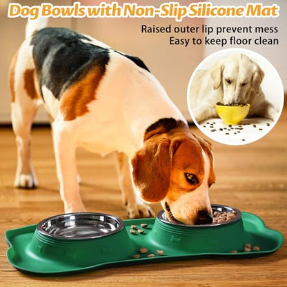 Hubulk Pet Dog Bowls 2 Stainless Steel Dog Bowl with No Spill Non-Skid Silicone Mat + Pet Food Scoop Water and Food Feeder Bowls for Feeding Small Medium Large Dogs Cats Puppies (Medium, Hunter Green) - color: Hunter Green, size: Medium