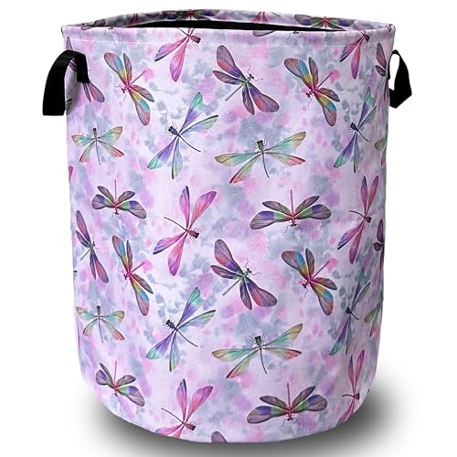 Watercolor Dragonfly Laundry Basket Foldable With Handles Tote Bag Oxford Cloth Colorful Laundry Hamper Clothes Storage Bucket Toy Organizer 18.9"x16.5" For Bathroom/Laundry/Bedroom - color: Pink Wtercolor Dragonfly