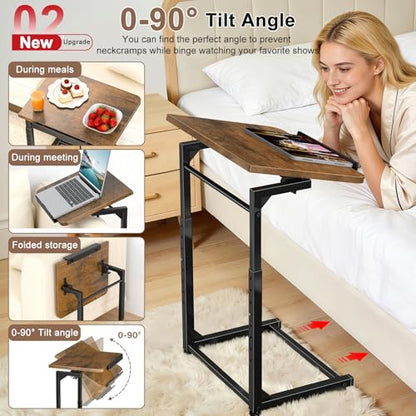 IHAITUN Tv Tray Table, Adjustable Height Couch Narrow Side Table,90° Tilt Angle Foldable End Table, Laptop Table with Phone & Tablet Slot Dinner Tray Desk for Living Room Table Sets (Brown) - size: 1 Pack