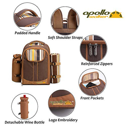 apollo walker Picnic Backpack Bag for 2 Person with Cooler Compartment, Detachable Bottle/Wine Holder, Fleece Blanket, Plates and Cutlery(2 Person, Brown) - color: Brown, size: 2 Person