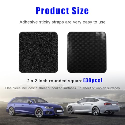 Dickno 30 PCS Hook and Loop Mounting Strips with Adhesive, 2"2" Heavy Duty Tape, Multi-Purpose Carpet Rug Fastener Mounting Tape for Power Strip, Car Sun Visor, Floor Mat - color: 30 PCS