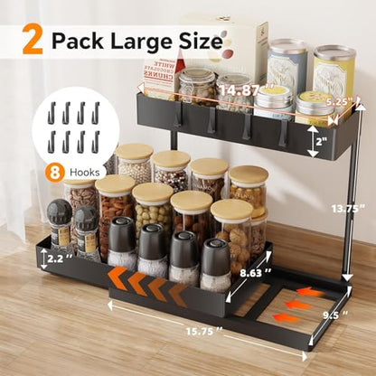 Simple Trending Under Sink Organizer 2 Pack, 2 Tier Cabinet Organizer with Sliding Basket, Multi-Purpose Sink Storage Basket with 4 Hooks for Kitchen Bathroom, Black - size: 2 pack