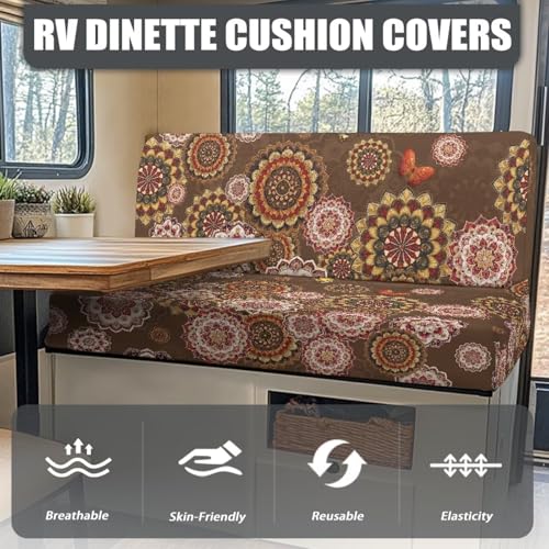 RV Dinette Cushion Covers Booth Set Including 1 Bench and 1 Backrest Cover, Brown Bohemia Flower Camper Cushion Covers for RV Camper Sofa - color: Bohemia Flower - Brown