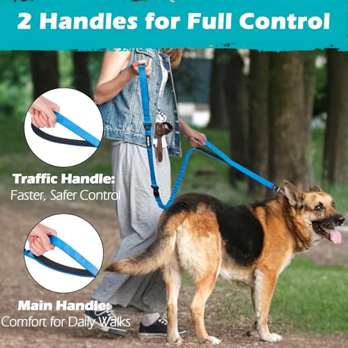PetBonus Heavy Duty Tactical Dog Leash, 5 FT Bungee Shock Absorption Leash with 2 Padded Handles, Quick Release Metal Clip, Car Seatbelt, No Pull Training Lead for Large Medium Dogs（Light Blue） - color: Light Blue