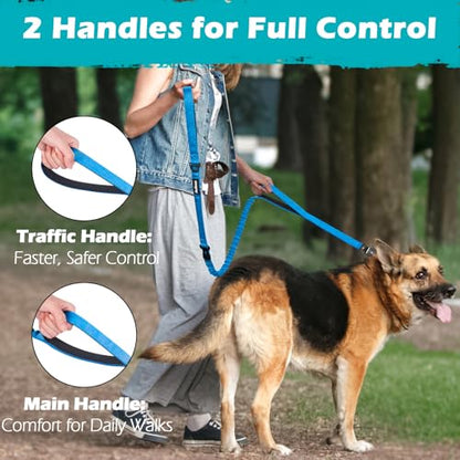 PetBonus Heavy Duty Tactical Dog Leash, 5 FT Bungee Shock Absorption Leash with 2 Padded Handles, Quick Release Metal Clip, Car Seatbelt, No Pull Training Lead for Large Medium Dogs（Light Blue） - color: Light Blue