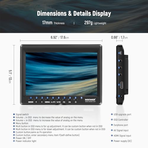 NEEWER F100 7 Inch Camera Field Monitor HD Video Assist IPS 1280x800 HDMI 1080p with 4400mAh F750 Battery, Sunshade Hood & 360° Ball Head for DSLR Cameras, Handheld Stabilizer, Film Video Making Rig