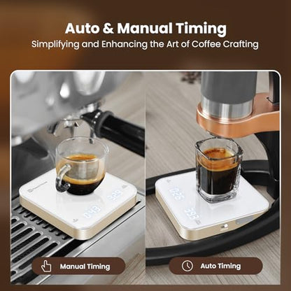 Maestri House S2 Espresso Coffee Scale with Timer, USB-C Rechargeable 2kg/0.1g Precision Shot Scale, Digital Scale for Espresso Brewing(White & Gold) - color: White&Gold