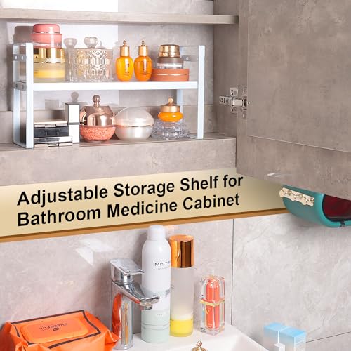 Small Expandable Medicine Cabinet Shelf, 3.58” Wide Metal Storage Stand with Adjustable Layers & Non-Slip Pads for Kitchen, Pantry, & Bathroom – White - size: White Medicine Cabinet Shelves