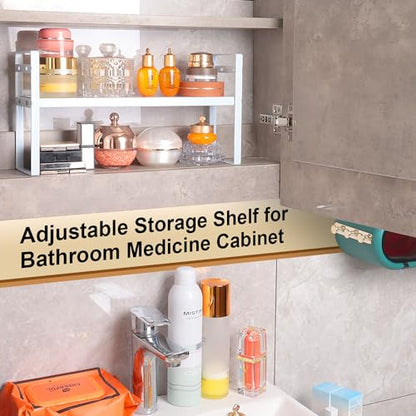 Small Expandable Medicine Cabinet Shelf, 3.58” Wide Metal Storage Stand with Adjustable Layers & Non-Slip Pads for Kitchen, Pantry, & Bathroom – White - size: White Medicine Cabinet Shelves