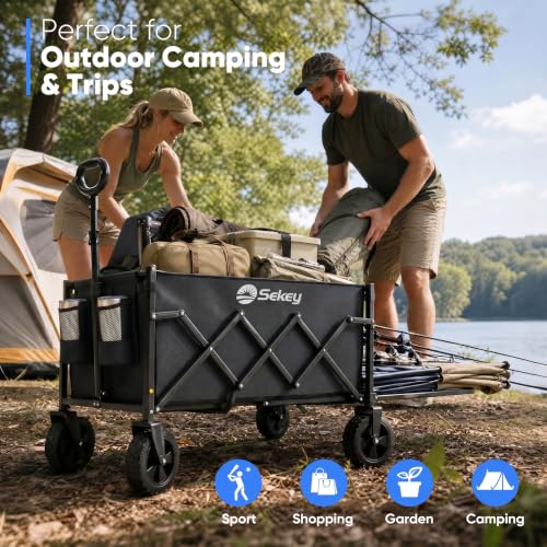 Sekey Collapsible Wagon Cart with Drop-Down Tailgate, 300 lb Capacity - color: Black, size: 300 lbs