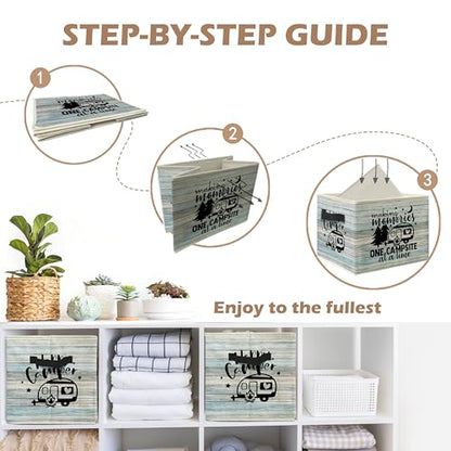 Rustic Camping Camper Storage Bin Box with Handles, Making Memories One Campsite at a Time Foldable Linen Fabric Laundry Basket for Home Bedroom Bathroom Clothes Toys Books(Blue) - color: Blue