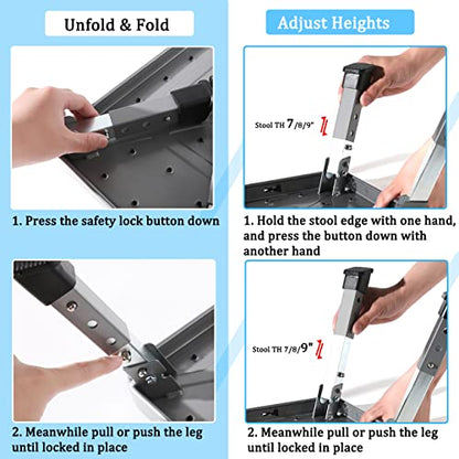 Double Elite 3 Levels Adjustable Folding Step Stools for Adults, Sturdy Metal RV Step, Safer Foldable Small Kitchen Stepping Stool Seniors Bed, Multi-Use Office Foot Stool Under Desk - color: Gray/Black