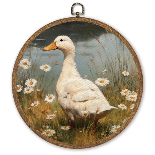 Nature Duck Wall Art Decor, Rustic Country Floral Ducks Wall Hanging Linen Prints Artwork Round Framed, Retro Cottagecore Circular Wall Decor for Kitchen Bedroom Farmhouse, 10x10 Inch (Colorful-Duck01) - color: Colorful-Duck01