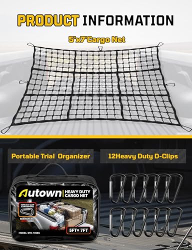 AUTOWN Cargo Net for Pickup Truck Bed - Stretchable 5' x 7' to 10' x 14' with 4" x 4" Mesh, Heavy Duty 10mm Cord Bungee Bed Netting with 12 Metal Carabiners - Ideal for ATV, SUV, UTV and Truck - size: 5' x 7'