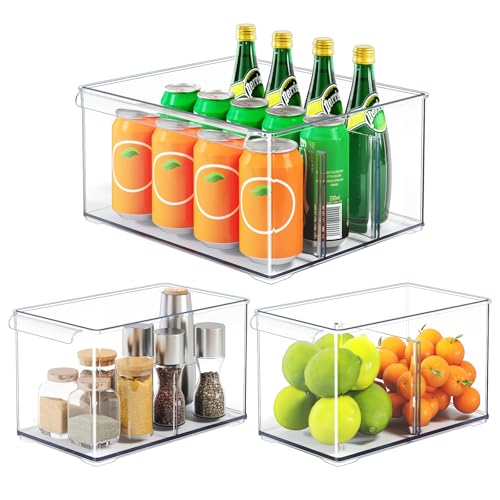 Clear Plastic Storage Bins with Dividers for Fridge Pantry Organizers and Storage Containers, 3 Pack Large Acrylic Stackable Sturdy Storage Boxes for Home Edit and Cabinet Organizers C6-2 - style: 2 Medium+ 1 Extra Large