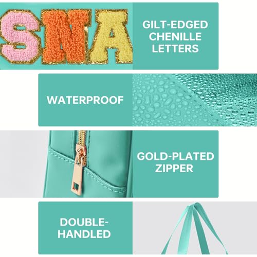 Snack Bags Chenille Letter Patch Clear Bag Snacks Bag for Travel, Preppy Cosmetic Bag Snacks Pouch with Zipper, Toiletry Bag for Traveling women, Clear Travel Bags for Toiletries (Green) - color: Green