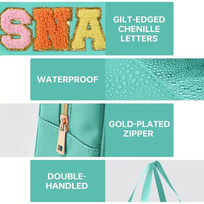 Snack Bags Chenille Letter Patch Clear Bag Snacks Bag for Travel, Preppy Cosmetic Bag Snacks Pouch with Zipper, Toiletry Bag for Traveling women, Clear Travel Bags for Toiletries (Green) - color: Green