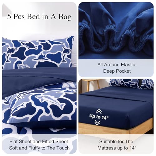 Meeting Story Twin Camo Bedding Set 5 Piece for Boys, Ocean Camo Comforter Set with Shark & Whale, Soft Lightweight All Seasons Kids Bedding Set(Navy,Twin)